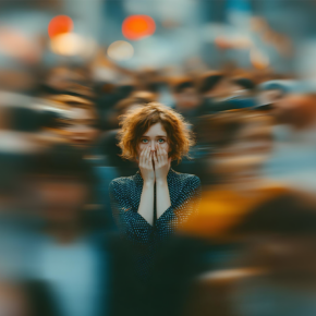 Mulher com as mãos no rosto no meio de uma multidão desfocada em movimento