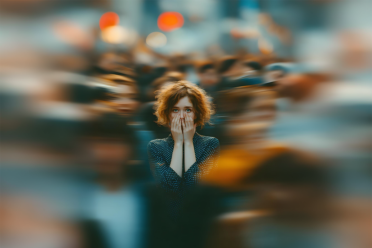 Mulher com as mãos no rosto no meio de uma multidão desfocada em movimento